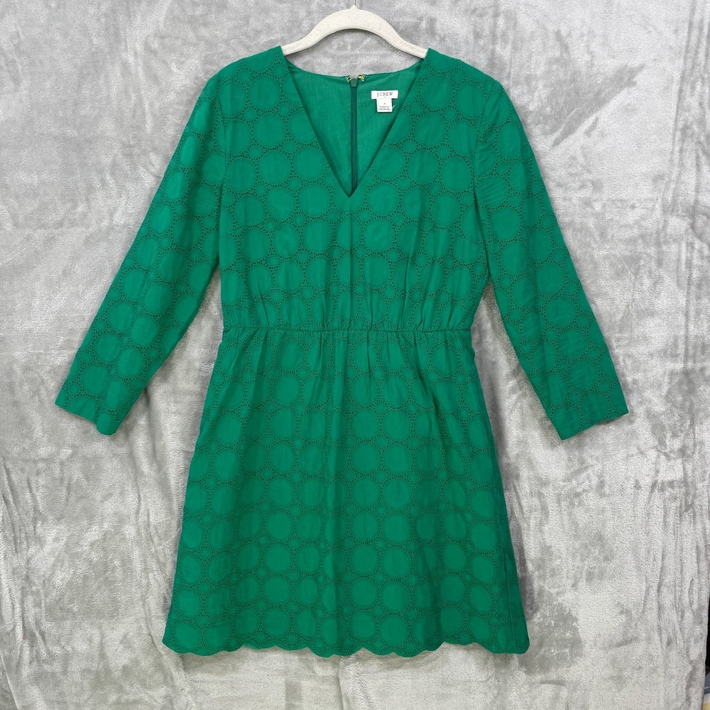 J Crew Dress Size 4 Green Eyelet V-Neck Long Sleeve Cotton Lined A Line H8471